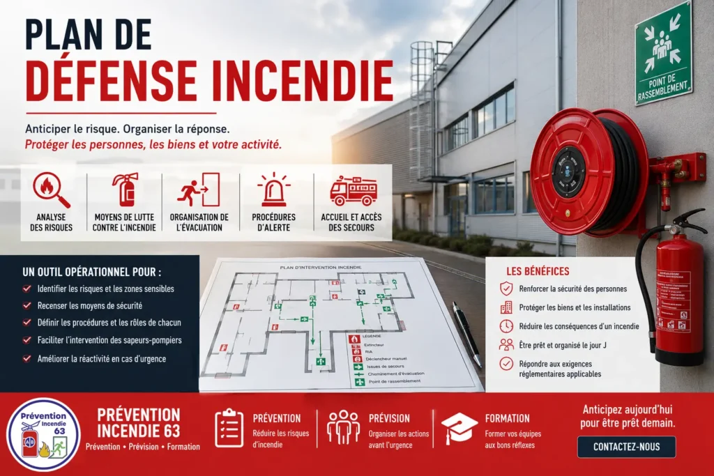 Plan de Défense Incendie en entreprise : analyse des risques, extincteurs, RIA, évacuation et intervention des secours