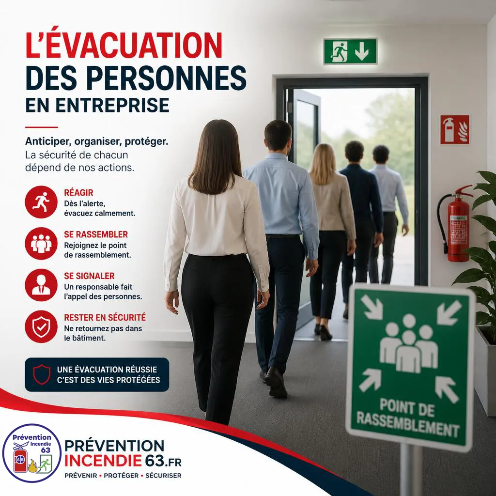 formation evacuation incendie Exercice d’évacuation incendie en entreprise avec salariés rejoignant une sortie de secours et un point de rassemblement