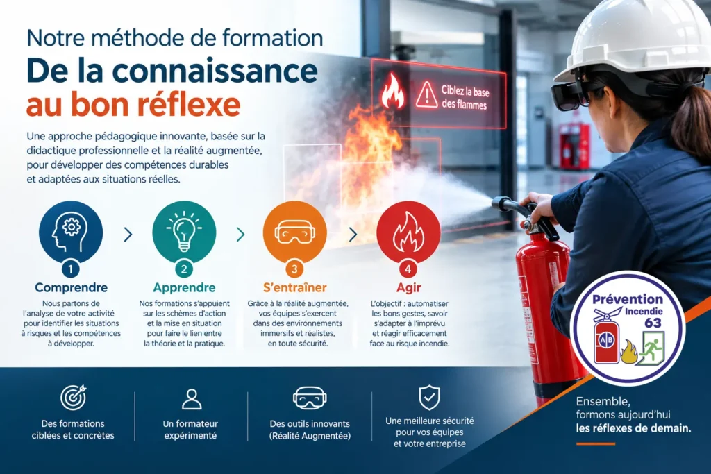 une méthode de formation incendie en quatre étapes : comprendre, apprendre, s’entraîner en réalité augmentée et agir efficacement face aux situations à risque.