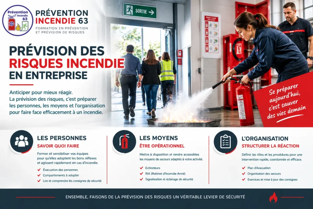 prevision risques incendie Prévision des risques incendie en entreprise : préparation des personnes, des moyens et de l’organisation pour assurer l’évacuation et l’utilisation des extincteurs en cas d’incendie.