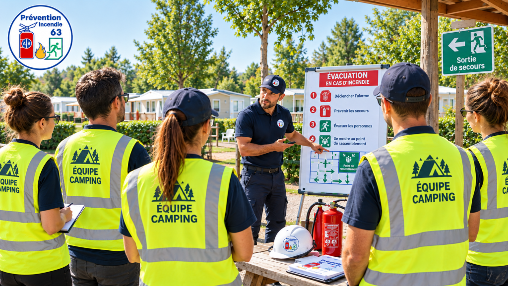 Formation à l’évacuation incendie dans un camping : une équipe en chasubles « Équipe Camping » apprend les consignes de sécurité avec Prévention Incendie 63.