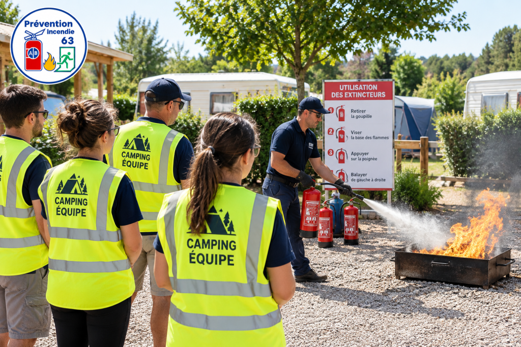 Formation du personnel d’un camping à l’utilisation des extincteurs, avec des équipiers portant des chasubles jaunes « Camping Équipe » lors d’un exercice pratique animé par Prévention Incendie 63.